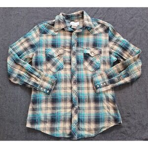 Wrangler Mens Wrancher Pearl Snap Front Shirt Teal‎ And Tan Plaid Flannel Size s